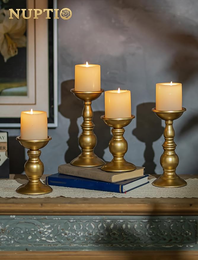 2 Pcs Gold Pillar Candle Holders, Gold Candlestick Most Ideal for 3" Pillar Candles, Gifts for Wedding, Party, Home, Spa, Reiki, Votive Candle (S + L)