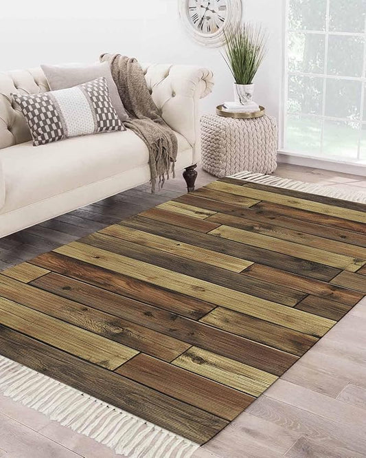 Brown Large Runner Rug 4X6 Ft Living Room Area Rug, Washable Woven Vintage Country Wooden Grain Throw Carpet with Tassel, Non-Shedding Farmhouse Cabin Retro Plank Stitching Art Bedroom Office Carpets