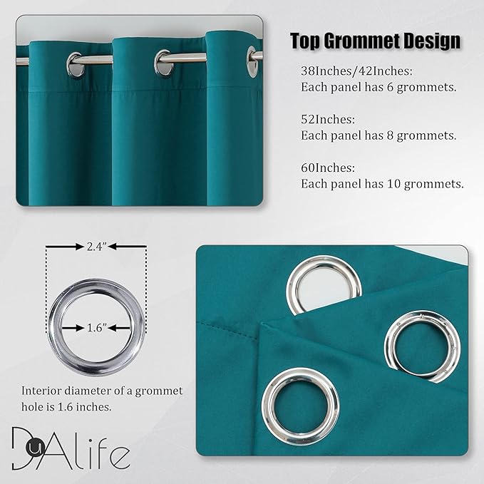 DUALIFE Teal Blackout Curtains Solid Color Eyelet Top Bedroom Curtains Thermal Grommet Light Blocking Room Darkening Window Panels/Drapes for Living Room 2 Panels Set 52 x 45 inches