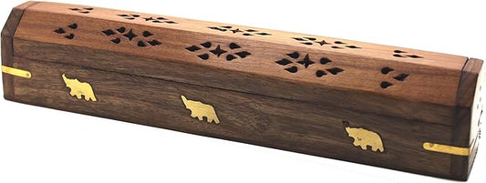Govinda® Wooden Coffin Incense Burner - 12" Elephant - Brass Inlays - Storage Compartment