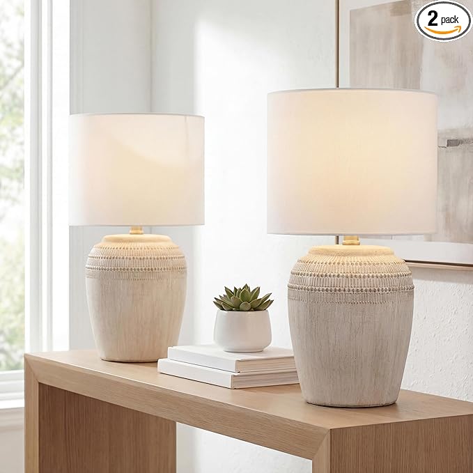 JONATHAN Y JYL5707B-SET2 16.75" Antique White Rustic Reeded Ceramic Table Lamp Set of 2 for Living Room, Traditional Farmhouse Bedside Nightstand Lamps with White Linen Shade, LED Bulbs Included
