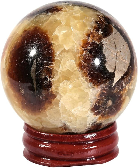 Nupuyai Natural Septarian Dragon Crystal Ball with Wooden Stand Healing Stone Sphere for Divination Fengshui Meditation Home Office Decor