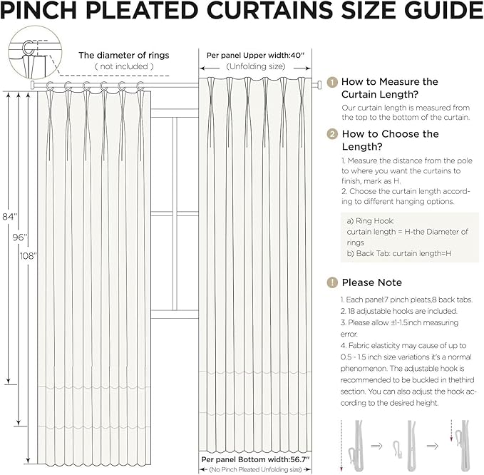 Joydeco Greyish White Pinch Pleated Thick Linen Curtains 96 Inch Long 2 Panel Set for Living Room, Double-Faced Curtain for Bedroom, Back Tab Blackout Drapes with Adjustable Hooks (40”W x96”L)