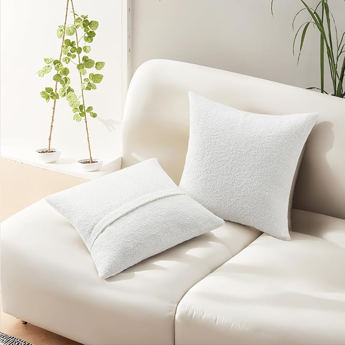 HAUSSY Christmas White Set of 2 20x20 Decorative Throw Pillow Covers, Soft Cozy Textured Boucle Couch Cases, Home Decor for Couch Bed Living Room