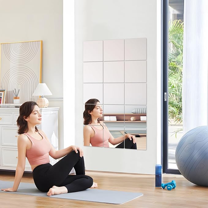 Abyssaly 4 Pack Wall Mirror Full Length, 11.8" x 11.8" Flexible Acrylic Mirror Tiles, Small Plastic Frameless Non-Glass Stick on Espejos Stickers for Bedroom Home Gym Door