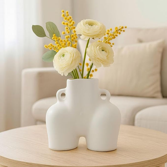 Sagebrook Home Modern Glam Decorative Vase - Unique Body Shape Design - Stoneware Ceramic - Stylish Home & Office Accent - Perfect for Living Room, Bedroom, or Desk - 6" White