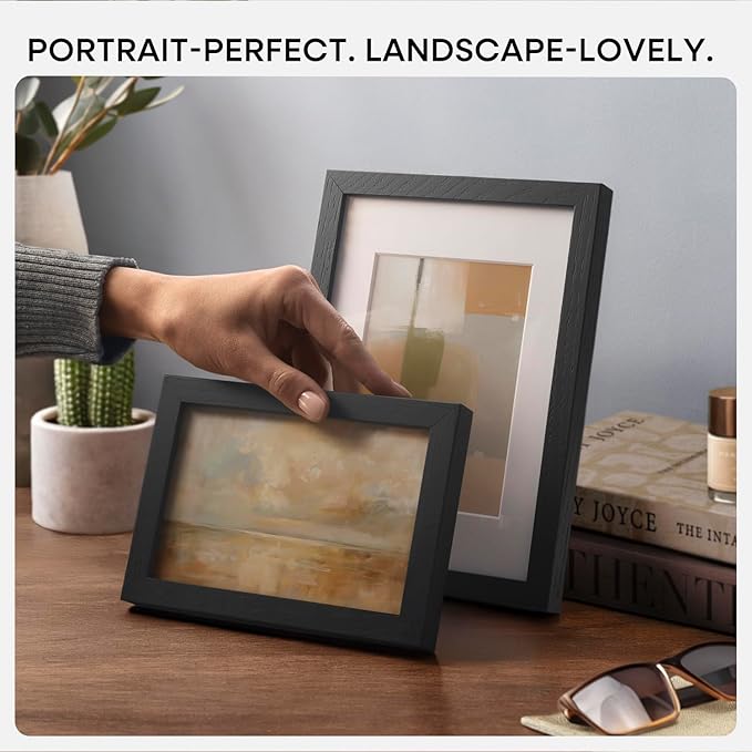 Homeforia 8x12 Black Picture Frame, High End Oak 8 x 12 Wood Frames with Mat 6 by 8 Print, 8by12 Wooden Frame Matted to 6x8 inch Photo, 12x8 Wall or Tabletop Frames, Tempered Glass, Wall Kit, Set of 2