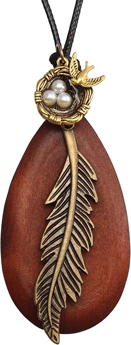 Leather Necklace for Women Boho Choker Necklace Long Cord Leather Pendant Bohemian Neckalce Vintage Alloy Pendant Leather Rope Necklace Wooden Necklaces for Women
