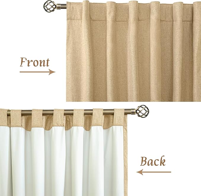 LAMIT Natural 100% Blackout Linen Curtains, 63 Inches Linen Textured Thermal Bedroom Curtains Back Tab and Rod Pocket Neutral Panels with White Liner for Living Room, 2 Panels, 38 x 63 Inch, Burlap