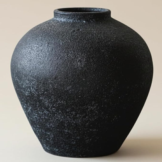 Handmade Large Rustic Ceramic Vase 10.6 inches Tall, Farmhouse Stone Decor, Big Black Round Vase Living Room Home Decor, Earthy Textured Large Vases for Centerpieces Console Table