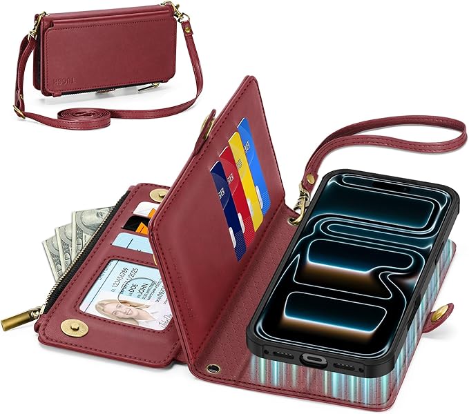 TUCCH Detachable Crossbody Case Wallet for iPhone 17 Pro Max 6.9", Wireless Charging | RFID Blocking 10 Card Holder | Lanyard Wrist Strap | Stand | Zipper Pocket | PU Leather Magnetic Cover | Dark Red