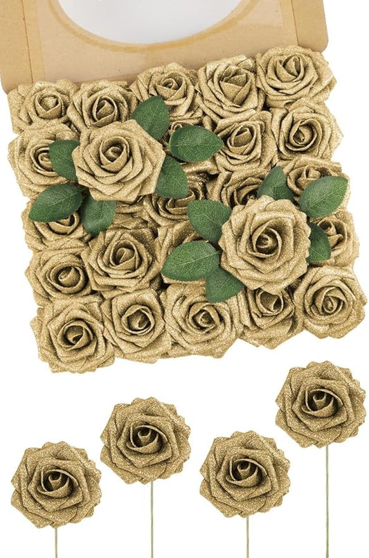 N&T NIETING Artificial Flowers Glowing Gold Flowers Foam 25pcs Glitter Roses Real Looking Fake Roses with Stem for DIY Wedding Bouquets Centerpieces Bridal Shower Party Home Decorations