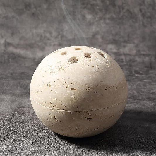 Koville Natural Travertine Incense Burner, Stone Incense Holder for Cone/Balsam Fir/Palo Santo/Sage, Handmade Sphere Marble Incense Burner for Meditation Yoga SPA Relaxation, Home Decor(Beige)