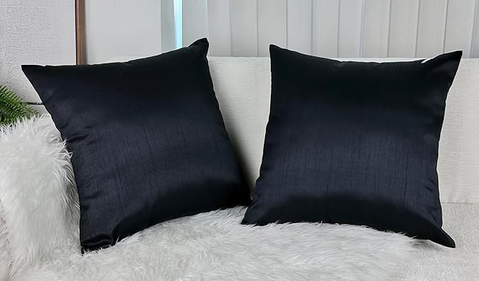Aiking Home 20x20 Inches Faux Silk Square Throw Pillow Cover, Zipper Closure, Black (Set of 2)