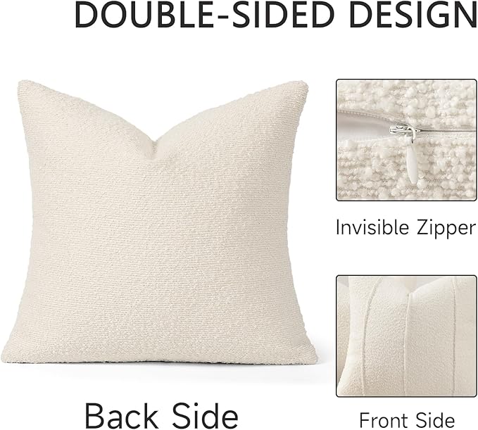 YCOLL Textured Boucle Throw Pillow Covers 18x18 Pack of 2 - Soft Neutral Striped Cushion Covers, Cozy Accent Decorative Pillow Covers for Couch, Sofa, Bed, Living Room (Ivory)