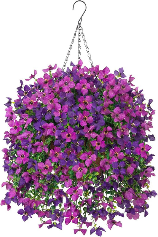 Artificial Hanging Flowers Plants with Basket for Outdoors, Realistic Faux Silk Daisy Flower Eucalyptus for Spring Decor, UV Resistant Fake Plants for Porch Patio Yard Balcony, Violet
