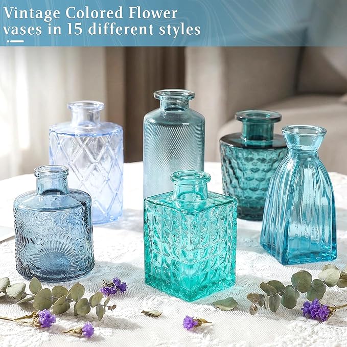 Set of 30 Blue Colored Glass Bud Vases - Small Textured Flower Vases for Centerpieces, Wedding Table Decor, Retro Home Decor Bulk Vase Set for DIY, Events & Gifts