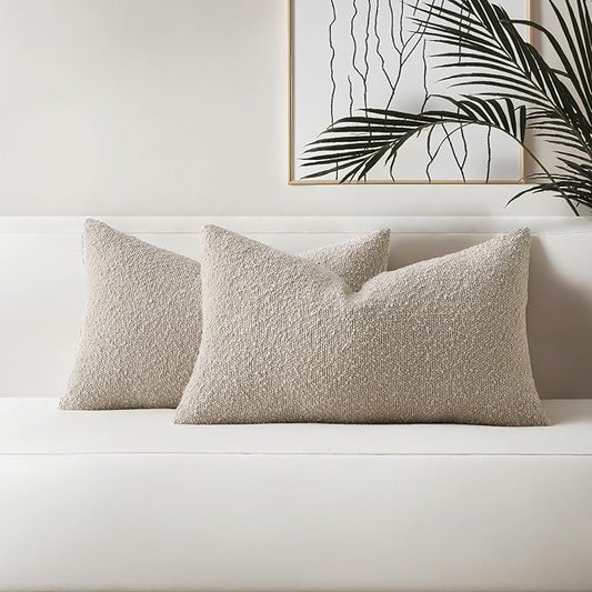 HAUSSY Set of 2 12x20 Decorative Throw Pillow Covers, Soft Cozy Textured Boucle Lumbar Pillow Cases, Home Decor for Couch Bed Living Room, Oatmeal