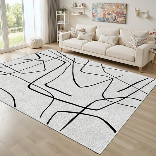 Black and White Rug - Abstract Area Rug, Black and White Rugs for Living Room, Modern Minimalist Washable Rugs, Contemporary Carpet Non Slip Home Decor, Curve 3x4