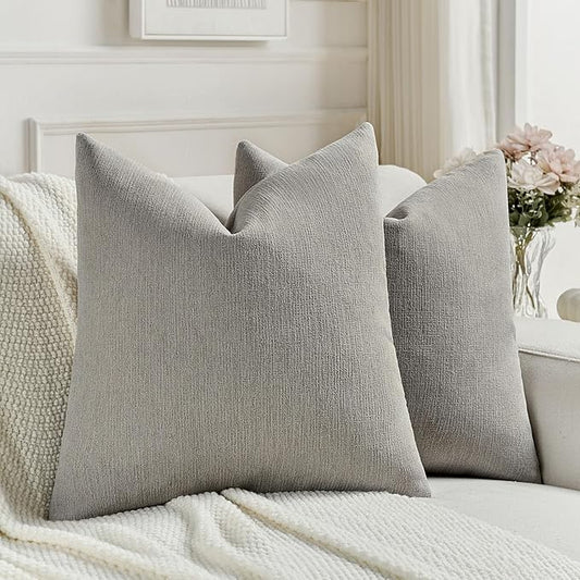 FUTEI Smoke Gray Chenille Decorative Throw Pillow Covers 16x16 Inch Set of 2,Soft Cozy Faux Linen Textured Cushion Case,Farmhouse Home Decor for Couch Living Room