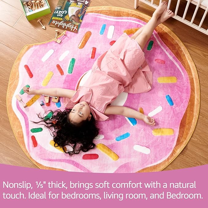 jinchan Cute Round Rug 5ft Strawberry Donut Fun Rug Washable Playroom Mat Sweet Dessert Circle Cool Rug Non Slip 5' Round Soft Cozy Pink Funky Gift for Girls Kids Teens Dorm Bedroom Living Room