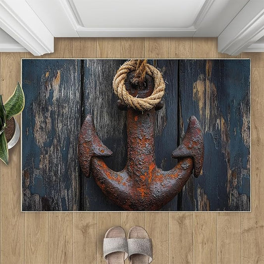 Nautical Anchor 2x3 Area Rugs,Distressed Wood Bedroom Rug Nautical Style Non-Slip Washable Rug for Living Room Nursery Kitchen Low-Pile Carpet