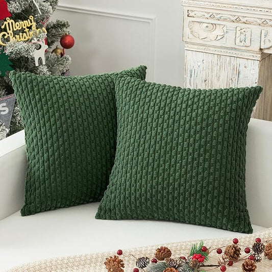 Kevin Textile Christmas Velvet Corduroy Boho Throw Euro Pillow Sham Cushion Cover for Bed 2 Pcs 16 x 16 Inch (40 x 40 cm) Dark Green