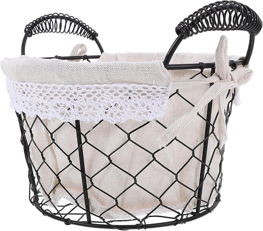 Wire Storage Basket with Handle and Fabric Liner Rustic Metal Bread and Fruit Basket for Kitchen Pantry Organization for Serving and Storage