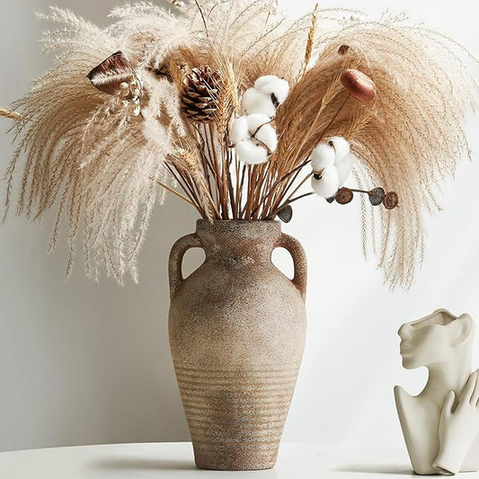 Ceramic Vase with Handles 11 inch Tall Rustic Vases Brown Terracotta Vase,Vintage Decorative Farmhouse Pottery Vase Wabi Sabi for Home Decor,Living Room,Dining Room,Wedding,Table Decoration