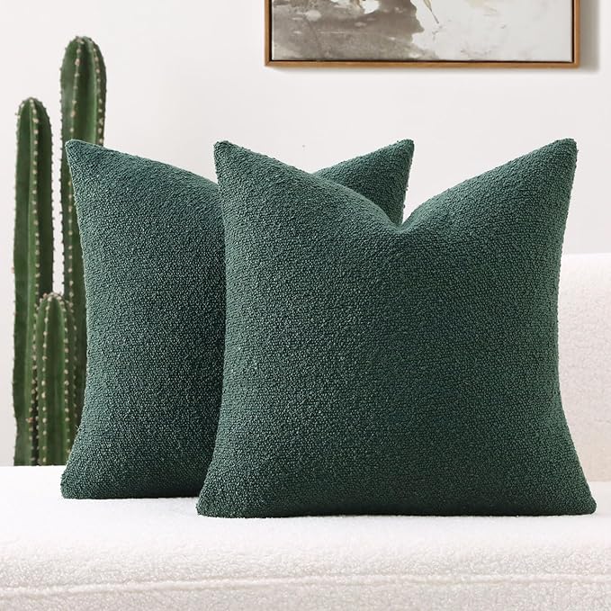 FUTEI Christmas Pack of 2 Dark Green Decorative Throw Pillow Covers 26x26 Inch Soft Cozy Solid Boucle Textured Euro Pillow Shams,Modern Home Decor for Couch Bed Living Room