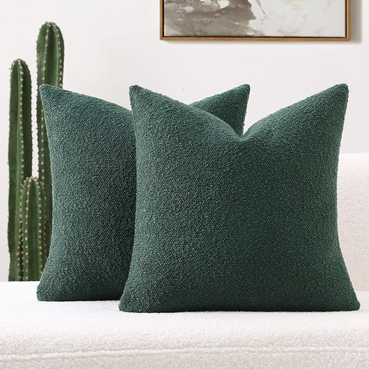 FUTEI Christmas Pack of 2 Dark Green Decorative Throw Pillow Covers 18x18 Inch Soft Cozy Solid Boucle Textured Cushion Case,Modern Home Decor for Couch Bed Living Room