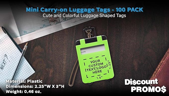 100 Mini Carry-on Luggage Tags Pack - Customizable Text, Logo - Flip Open Cover, ID Sticker - Lime Green