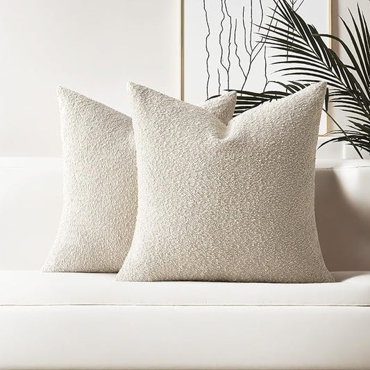 HAUSSY Set of 2 24x24 Decorative Throw Pillow Covers, Soft Cozy European Pillow Shams Textured Boucle, Home Decor for Couch Bed Living Room, Beige