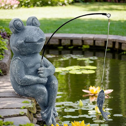 9.5" Frog Fishing Garden Sculptures & Statues, Stone Look Sculpture, Whimsical Lawn Yard Art, Funny Pond Fisherman Statue, Resin Animal Decorative Figurine, for Frog Fishing Lovers