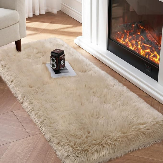 Faux Fur Rug, Beige Small Fluffy Rug for Sofa Chair Couch Cover 2x4 Feet, Ultra Soft Fuzzy Shag Rug for Bedroom, Indoor Shaggy Plush Floor Carpets Luxury Home Decor for Bedside
