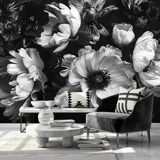 AFZEVEB-Black Peony Floral Wallpaper Vintage Large Flower Wall murals for Bedroom 114"x74"(Not Peel and Stick)