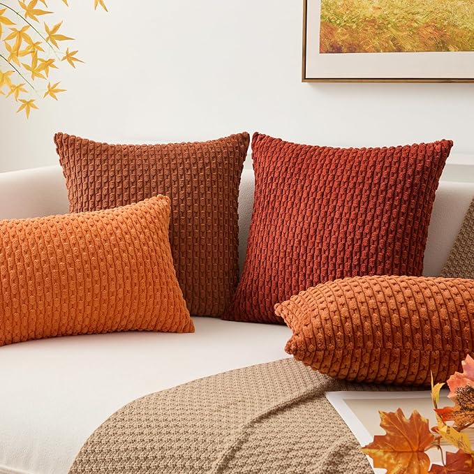 Kevin Textile Fall Throw Pillow Covers Soft Corduroy Decorative Set of 2 Boho Striped Pillow Covers Pillowcases Farmhouse Home Decor for Couch Bed Sofa Living Room 12x20 Inch Rust Brown