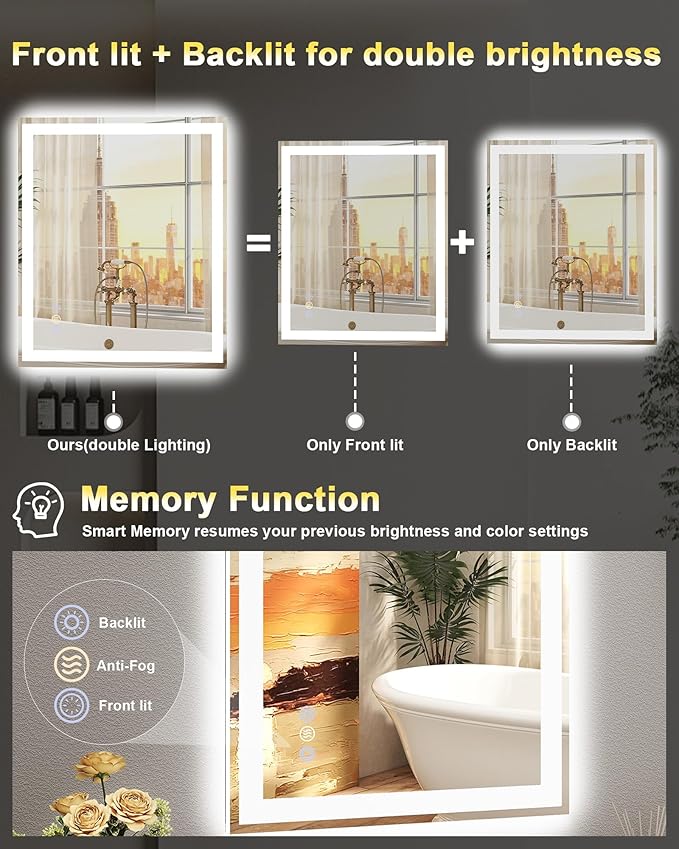 32"x 40" LED Bathroom Mirror, 3 Colors Vanity Mirror with Lights, Front and Backlit Bathroom Mirror with Lights, LED Smart Mirror for Wall, Tempered Glass, Anti-Fog, Stepless Dimmable, Memory(ETL)