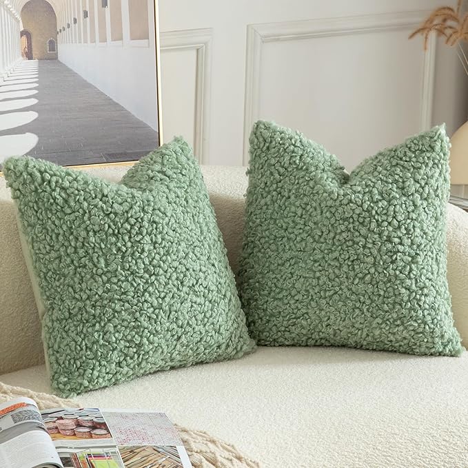 Yaertun Pack of 2 Faux Fur Throw Pillow Covers Decorative Sherpa Boucle Pillow Covers Fuzzy Soft Pillowcases Sheepskin Fleece Cushion Case for Couch Sofa Bed Living Room 18x18 Inch Sage Green