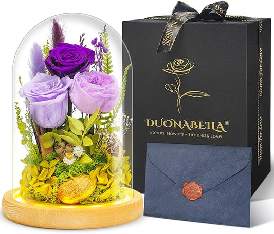 Forever Flowers Preserved Roses Prime Delivery For Women, Glass Dome Light Up Preserved Flowers , Christmas Anniversary Thanksgiving Gifts For Wife Girlfriend Women Best Friend Grandma(Purple)