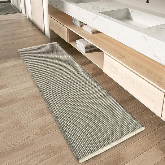 AMOAMI Upgraded Waffle Runner Rug Super Absorbent Non Slip Bath Mats for Bathroom Machine Washable Bathroom Runner Rug with Tassels, Ideal for Hallway Bedroom Laundry Room, 2' x 6', Green & Cream