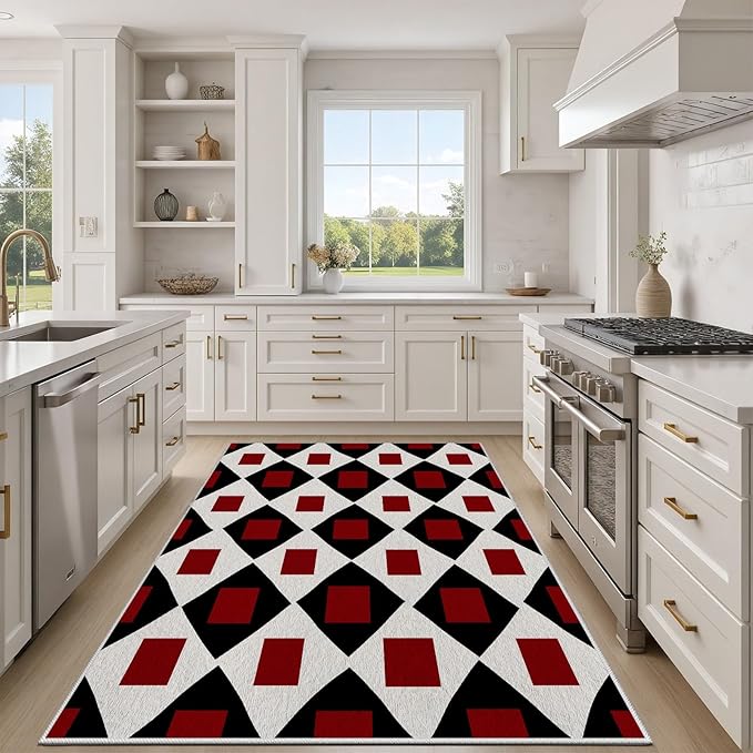 Plaid Rug 7x10, Vintage Geometric Soft Ultra Soft Faux Wool Low Pile Rug, Indoor Floor Mats Carpet, Non-Slip Stain Resistant Washable Rugs, Modern Red Rugs for Living Room Home Office Decor