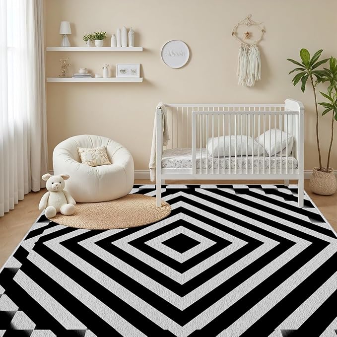 Black and White Rug 4x6, Checkered Soft Thin Indoor Floor Mats Carpet, Non-Slip Stain Resistant Washable Rugs, Modern Rhombus Geometric Rugs for Living Room, Farmhouse Rug