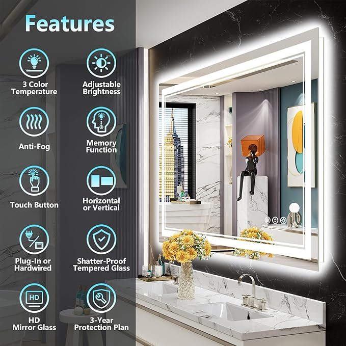 48x40 LED Bathroom Mirror with Lights, Backlit and Front Lit, Anti-Fog Lighted Vanity Mirrors for Bathroom Wall, Dimmable, 3-Color Light, Memory, Shatter-Proof, HD Tempered Glass, CRI＞90