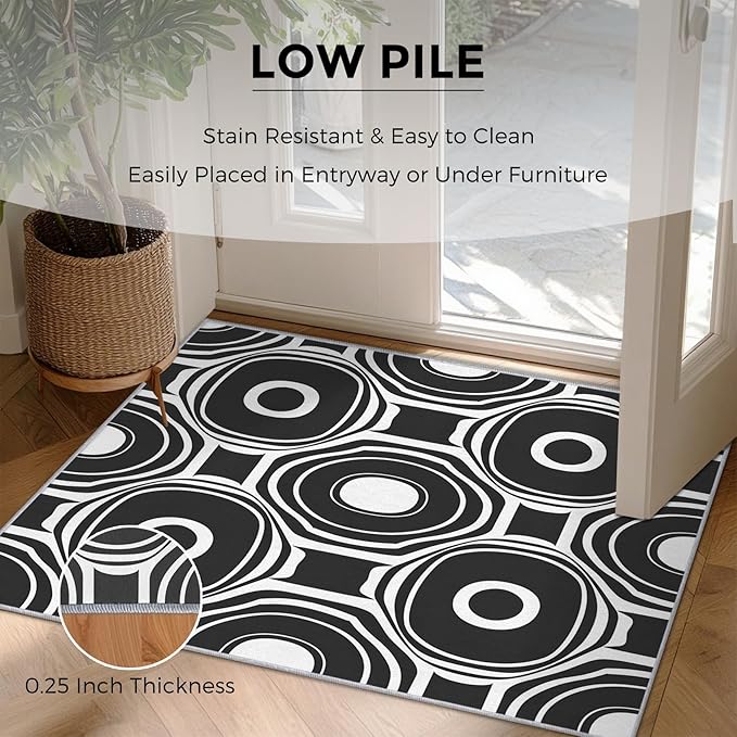 Black and White Geometric Rugs for Home Decor, 6x9 ft, Ring Circle Area Rugs for Living Room, Soft Non Slip Washable Modern Abstract Carpet Bedroom Decorations Dt-Ghf-31