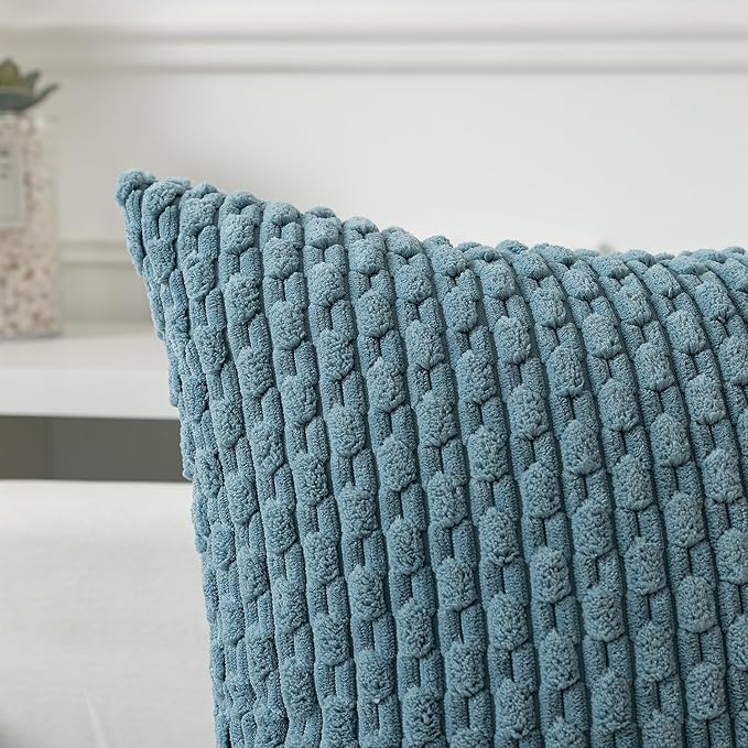 Kevin Textile Throw Pillow Covers Soft Corduroy Decorative Set of 2 Boho Striped Pillow Covers Pillowcases Farmhouse Home Decor for Couch Bed Sofa Living Room 22x22 Inch Blue Grey