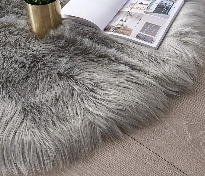 SERISSA Ultra Soft Faux Fur Area Rug Grey Fluffy Rug Plush Chair Cover Seat Pad Fuzzy Carpet Furry Besides Rug for Bedroom Floor Sofa Living Room 2x4 Feet (Rectangular, Light Grey)