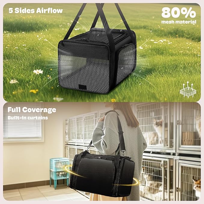 Top and 2 Sides Expandable Cat Carrier 18x11x11, TSA Airline Approved Dog Carriers for Medium Dogs, Soft-Sided Pet Carrier with Self-Locking Zippers for Kitten,Rabbit, Puppy, Guinea Pig Black