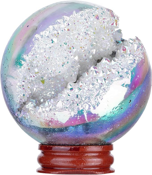 Sportmusies Titanium Coated Rock Crystal Geode Ball with Wooden Stand, Druzy Quartz Stone Cluster Sphere Reiki Home Office Decoration, Angel Aura