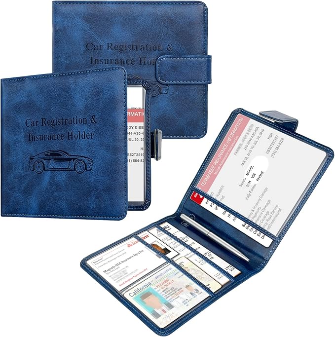 Car Registration and Insurance Holder, Folio Leather Vehicle Card Document Glove Box Organizer Auto Truck Compartment Accessories for Essential Information, Men&Women by YAVIV, Blue